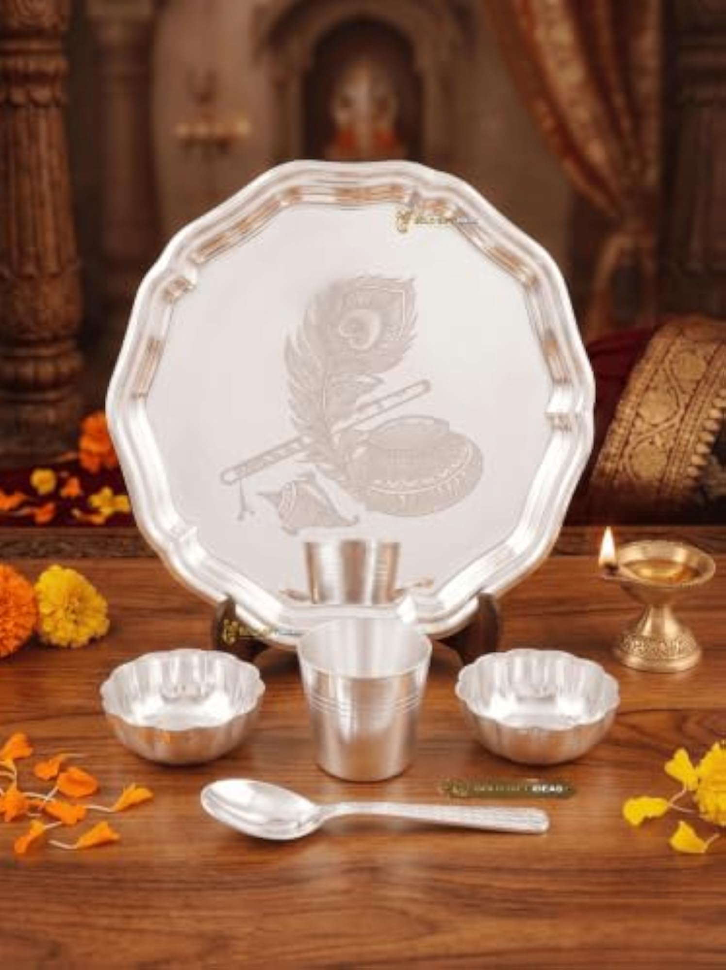 8 Inch Silver Plated Bhog Dinner Set for Laddu Gopal, Gift Box Included